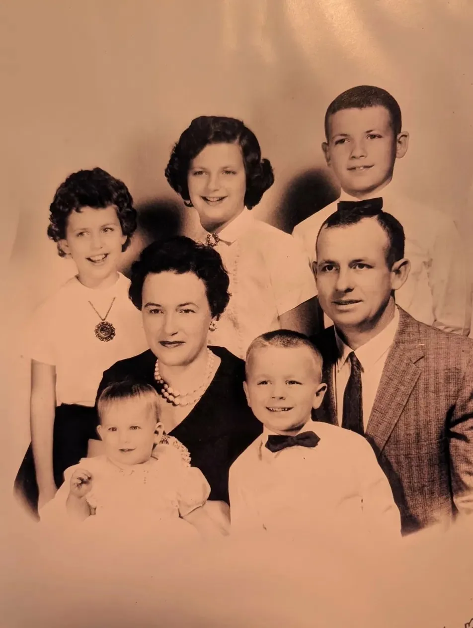 Everett Schafer's family portrait after the war, with Elma and their children