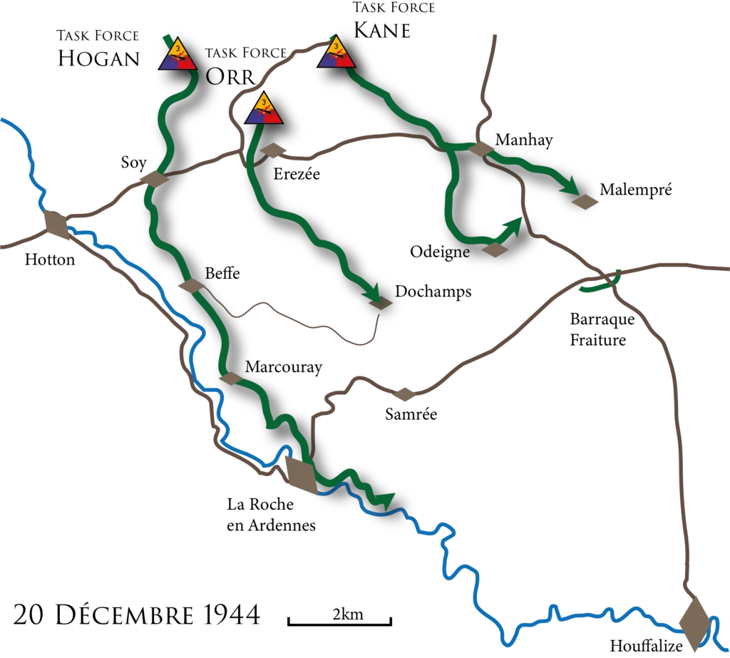 Carte des mouvements de la Task Force Hogan, Bataille des Ardennes décembre 1944